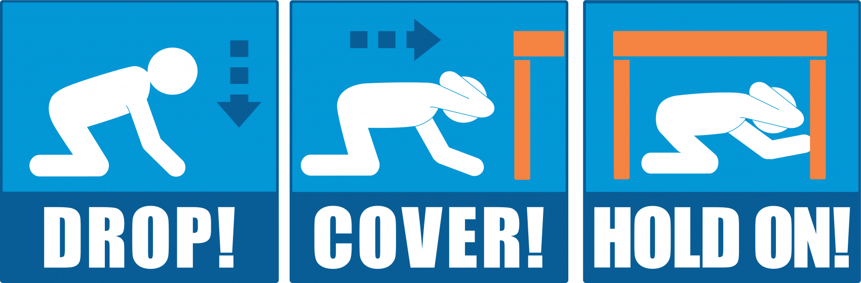 image of stick figures showing how to drop to the floor, going under a desk and bracing under a table