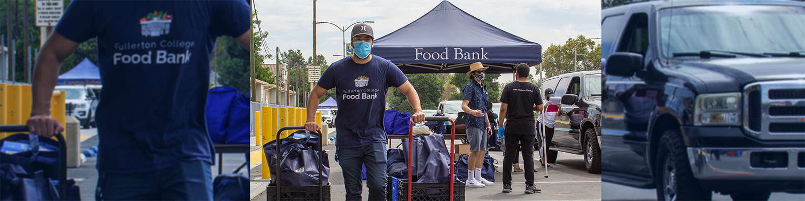 A Food Bank volunteer helps pass out groceries to car in the Healthy Hornet Drive-Thru