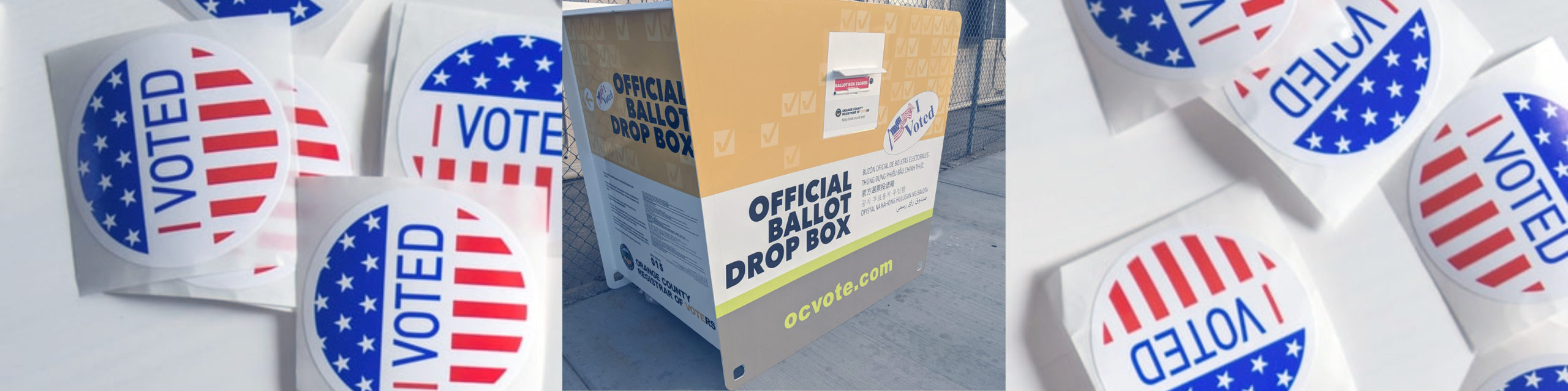 a photo of the ballot drop box over a second photo of "I voted" stickers